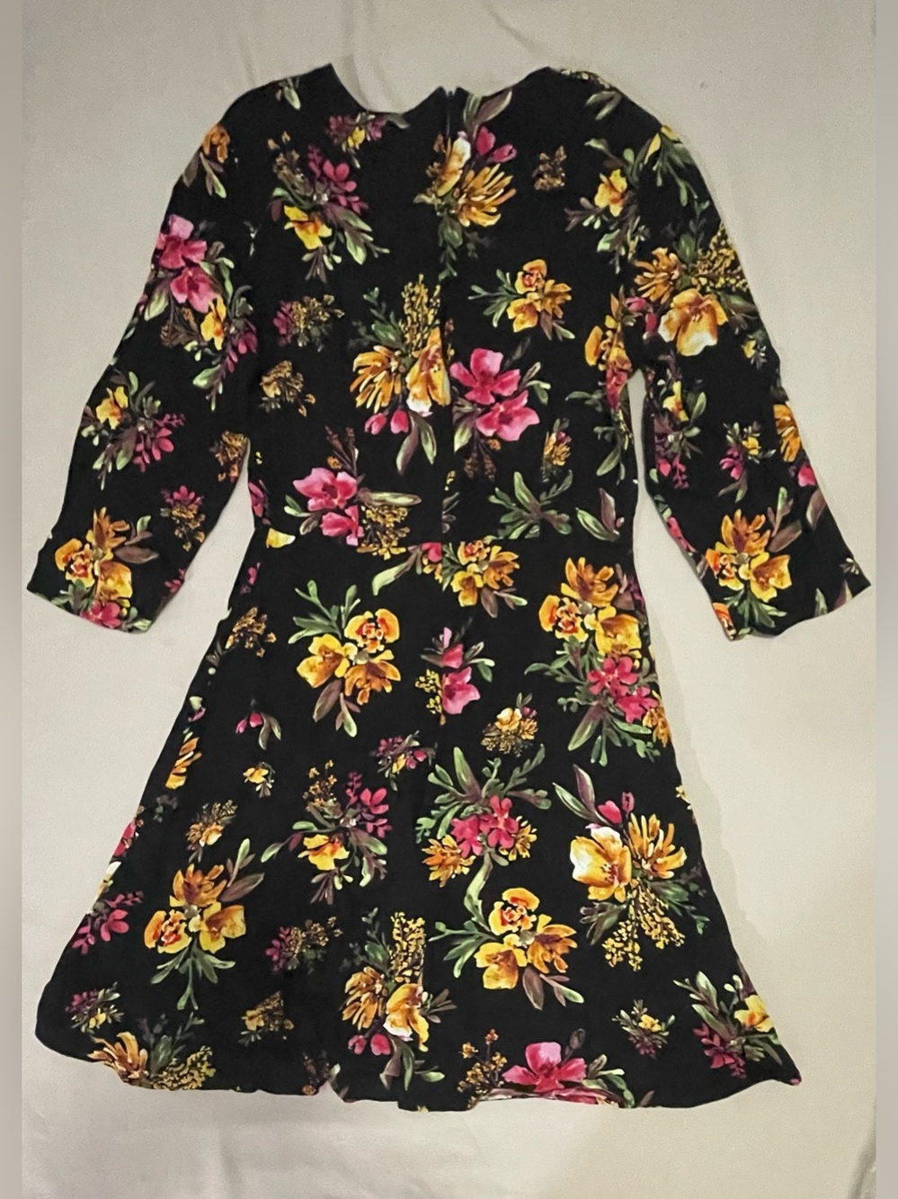 Zara Black Floral A-Line Dress with Yellow & Pink Blooms